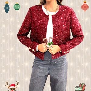 SHEIN Essence Burgundy Sequin Crop Jacket/Shrug NWOT 22"p2p, 18"length